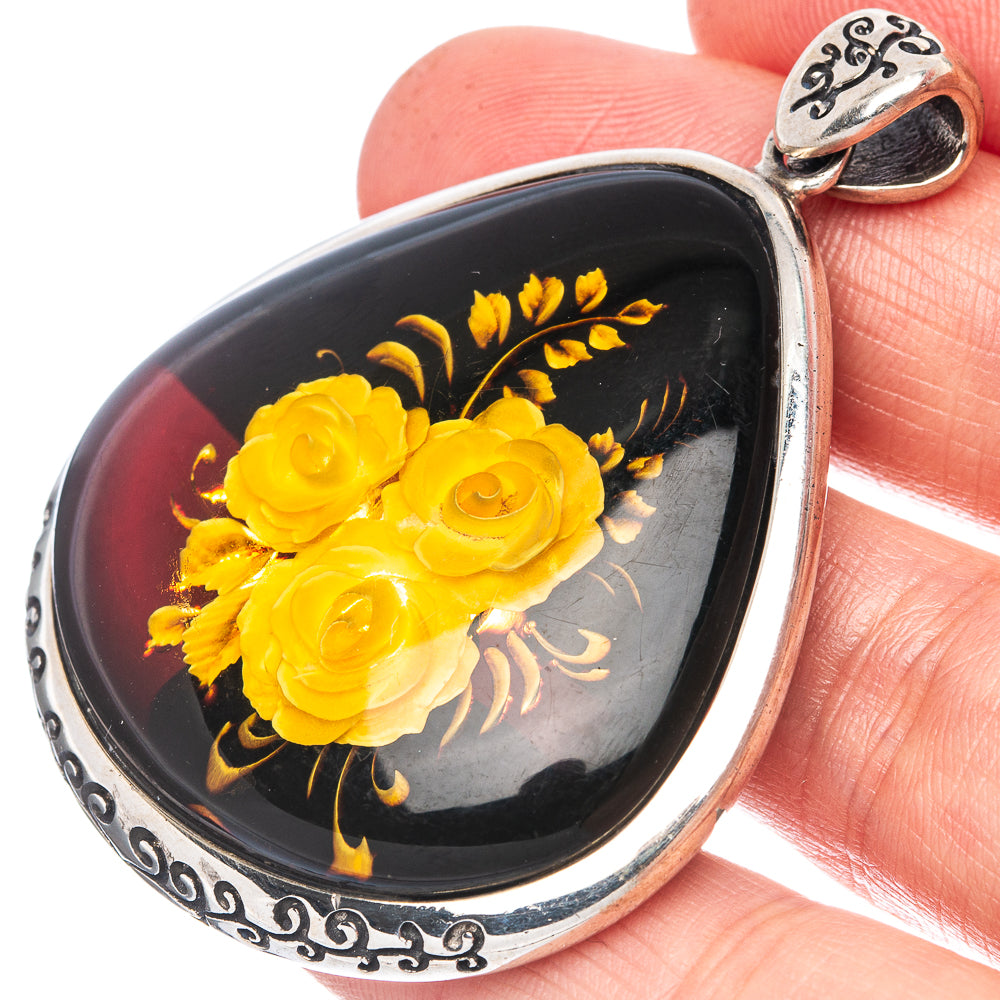 Amber Intaglio Rose Pendant 2 1/8" (925 Sterling Silver) P42588