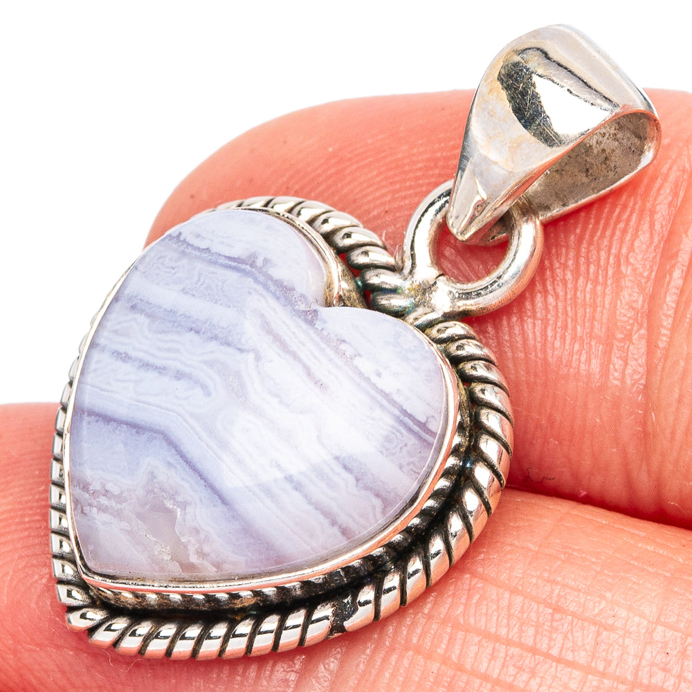 Blue Lace Agate Heart Pendant 1 1/8" (925 Sterling Silver) P43457