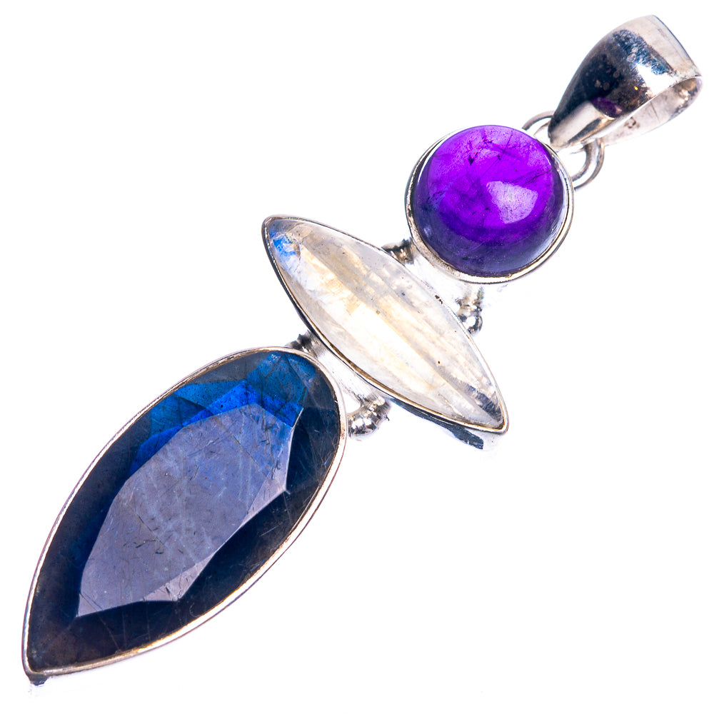 Labradorite, Rainbow Moonstone, Amethyst 925 Sterling Silver Pendant 2 1/8"