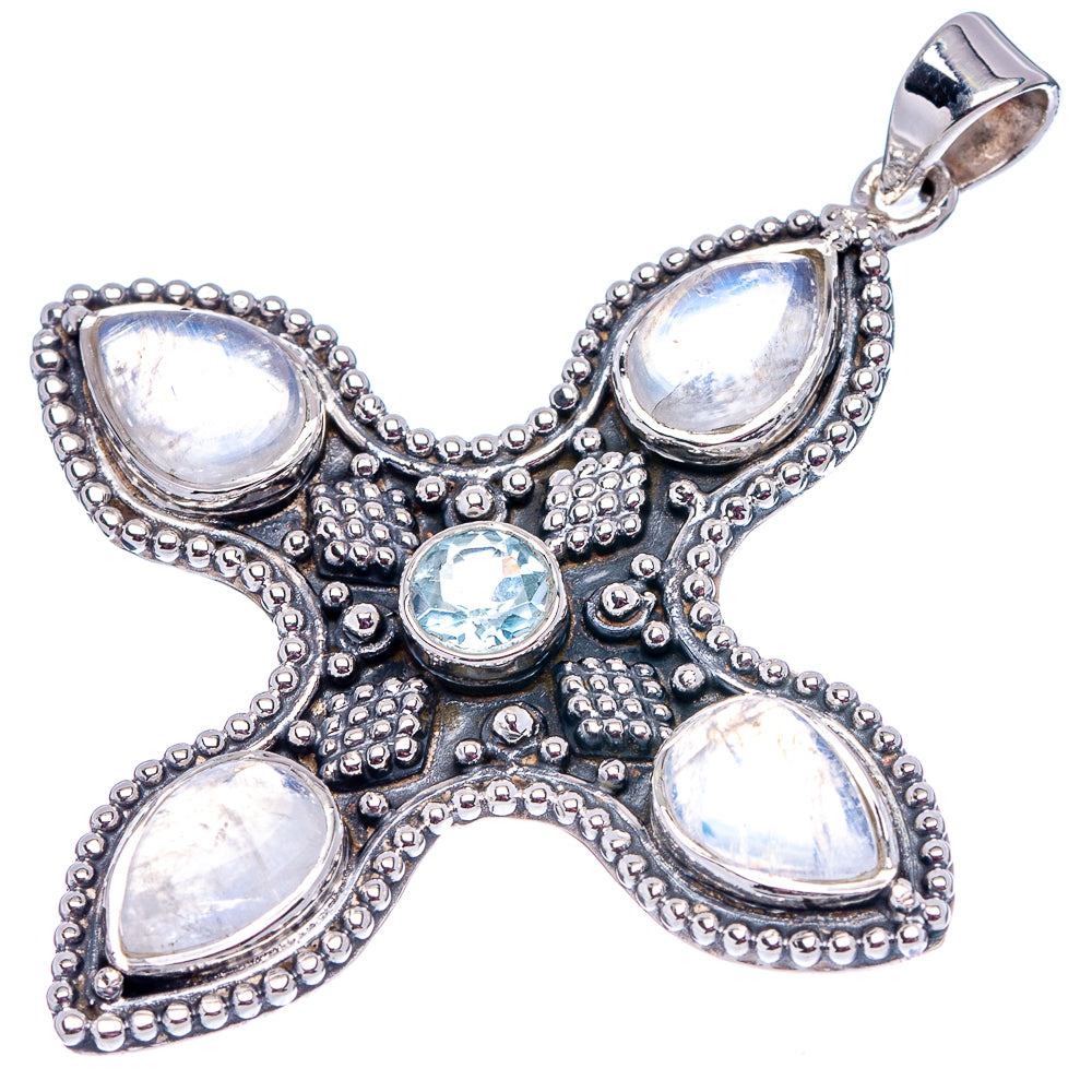 Signature Rainbow Moonstone, Blue Topaz Pendant 2 1/4" (.925 Sterling Silver)