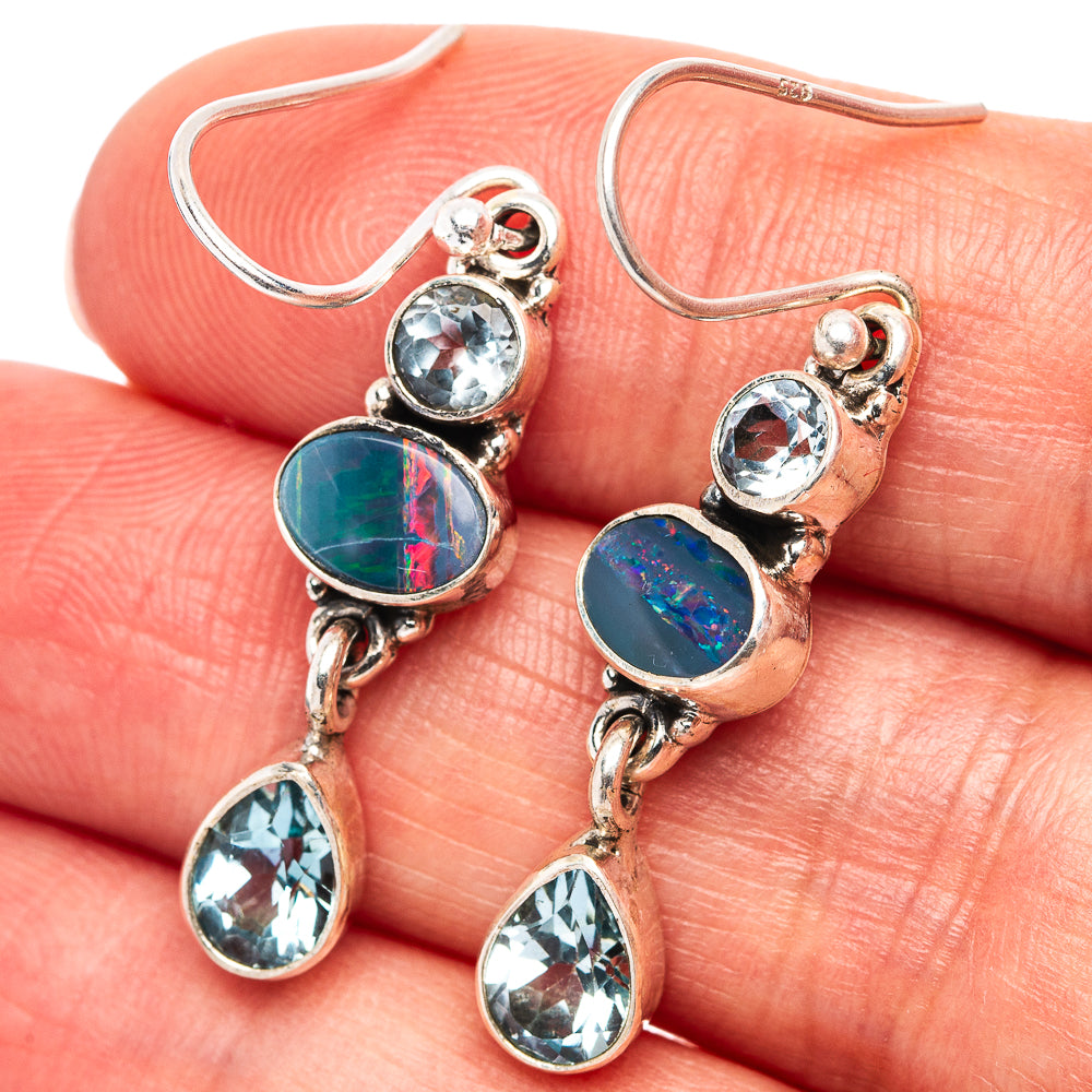 Doublet Opal, Blue Topaz Earrings 1 5/8" (.925 Sterling Silver)