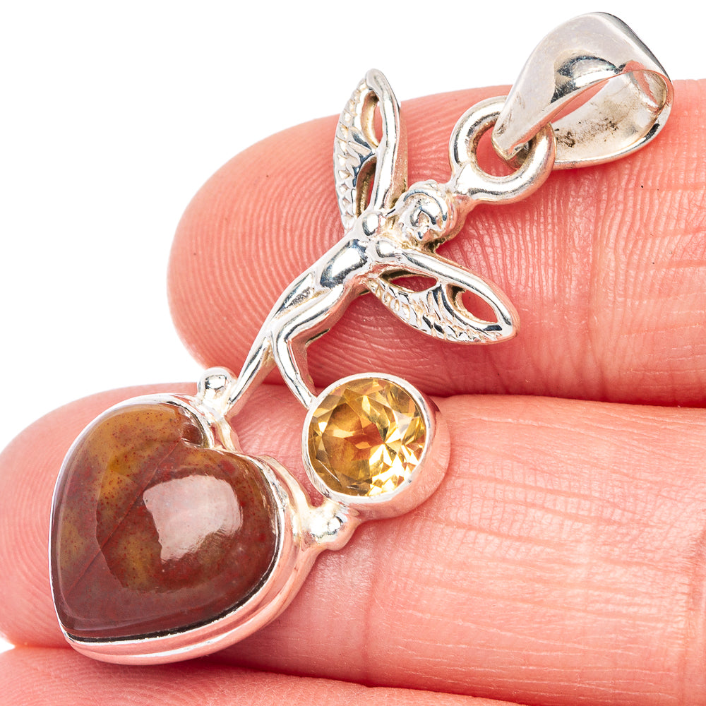 Bloodstone, Citrine Fairy Heart Pendant 1 5/8" (925 Sterling Silver) P41042
