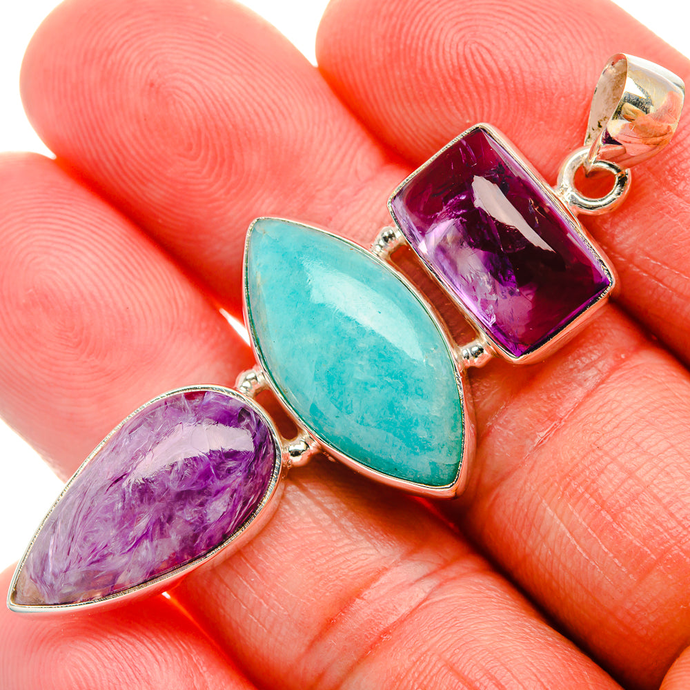 Charoite, Amazonite, Amethyst Pendant 2 1/4" (925 Sterling Silver) PD38164