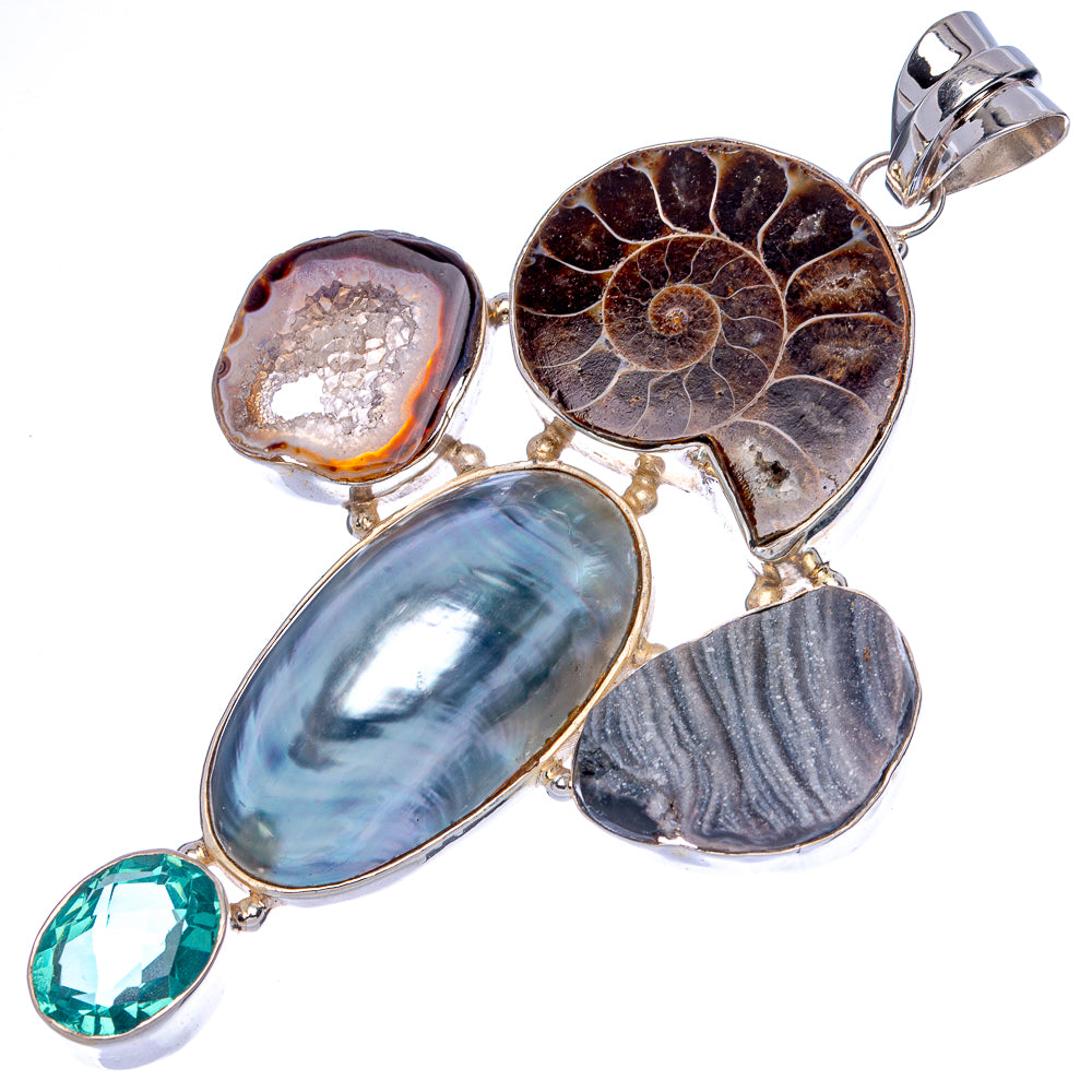 Gigantic Ammonite Fossil, Ocean Sea Shell, Blue Topaz, Desert Druzy, Geode Slice Pendant 4 3/8" (925 Sterling Silver) P40118