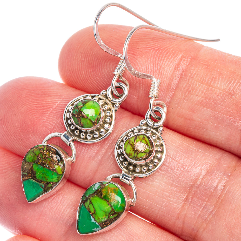 Green Copper Composite Turquoise Earrings 1 5/8" (925 Sterling Silver) E433555
