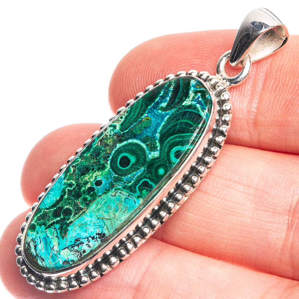 Malachite In Chrysocolla 925 Sterling Silver Pendant 1 3/4"