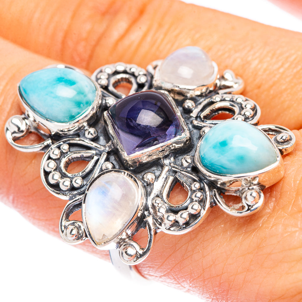 Signature Tanzanite, Larimar, Rainbow Moonstone Ring Size 8.75 (925 Sterling Silver) R1772