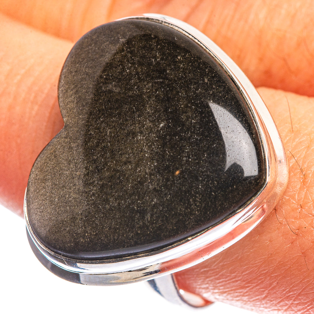 Large Gold Sheen Obsidian 925 Sterling Silver Ring Size 9