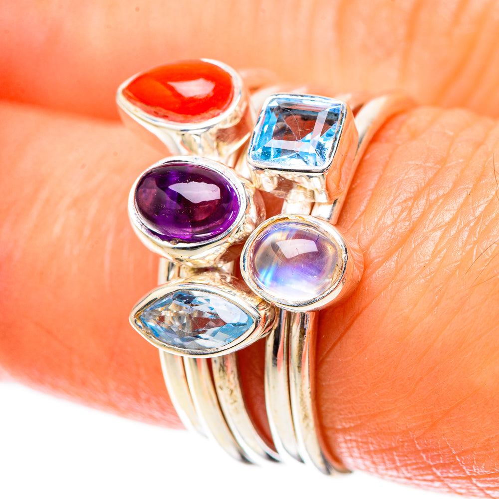 Red Coral, Blue Topaz, Rainbow Moonstone, Red Coral Ring Size 6.5 (925 Sterling Silver) RING137871