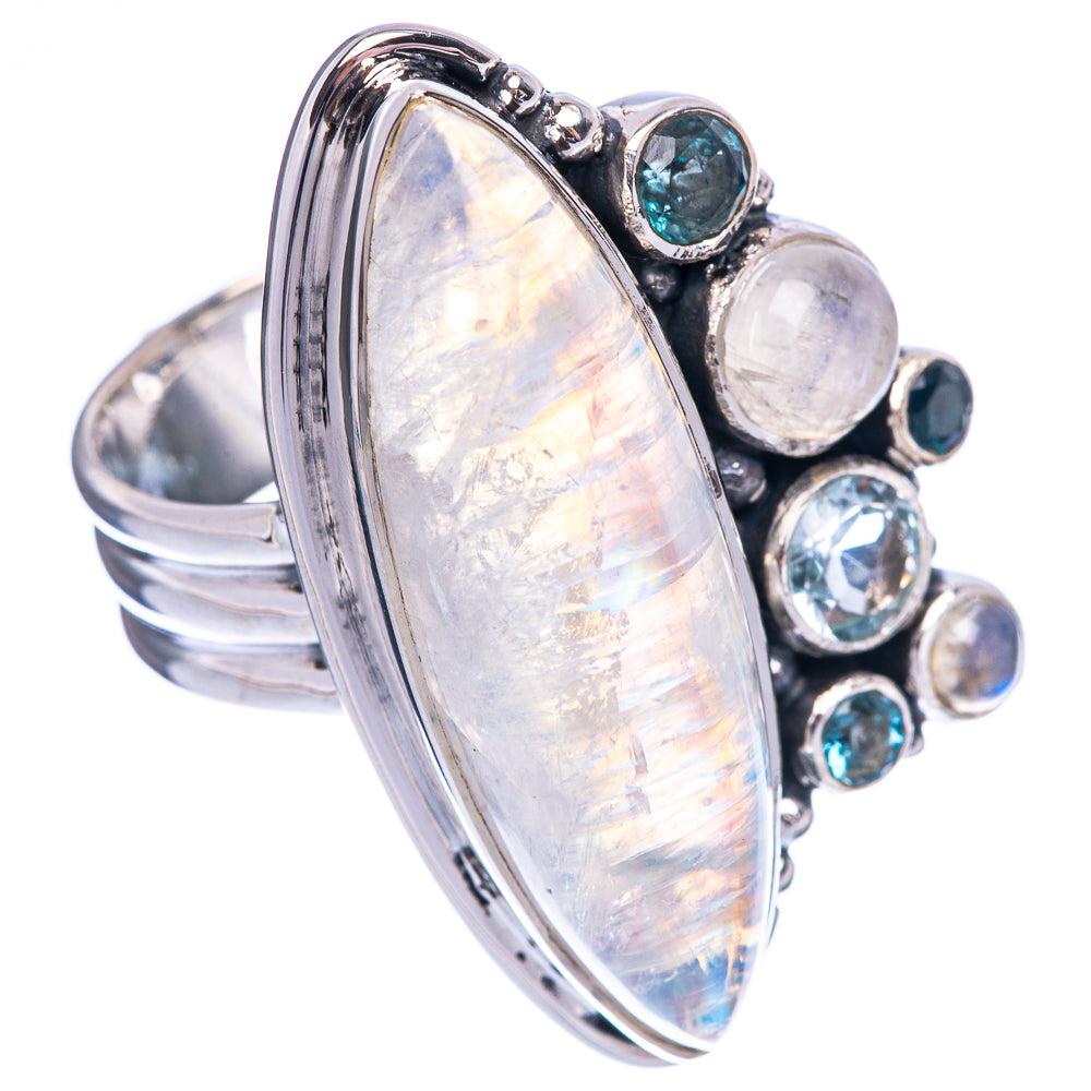 Signature Rainbow Moonstone, Blue Topaz Ring Size 8.5 (925 Sterling Silver) R1783