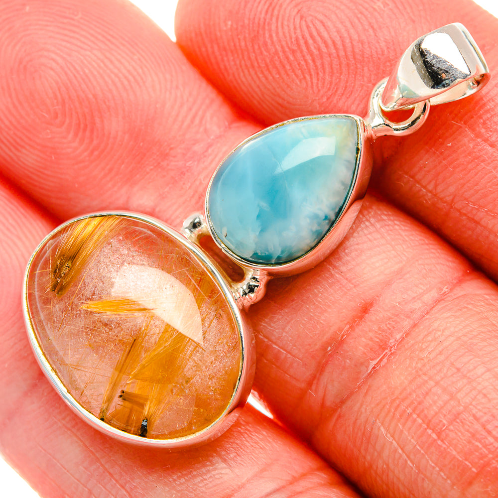 Rutilated Quartz, Larimar Pendant 1 3/4" (925 Sterling Silver) PD38096