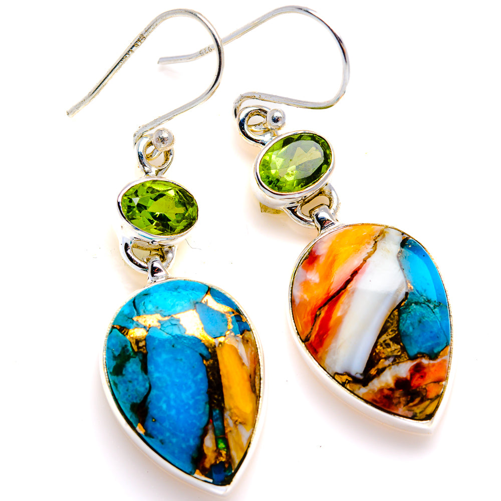 Spiny Oyster Turquoise, Peridot Earrings 1 3/4" (925 Sterling Silver) EARR432084