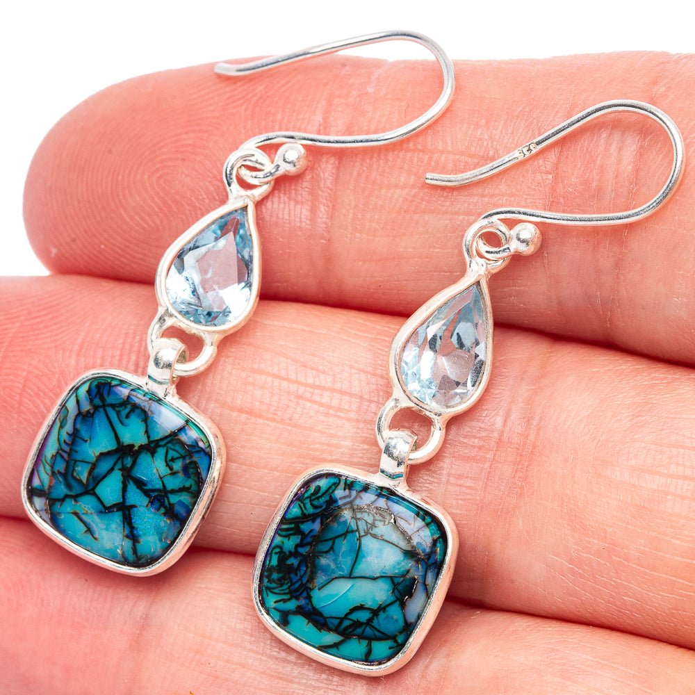 Rare Sterling Opal, Blue Topaz Earrings 1 5/8" (925 Sterling Silver) E433341