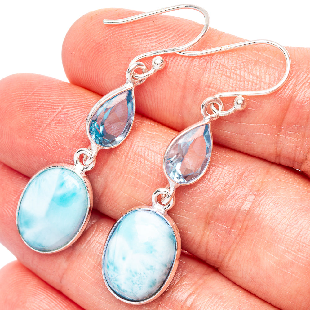 Rare Larimiar, Blue Topaz Earrings 1 3/4" (.925 Sterling Silver)