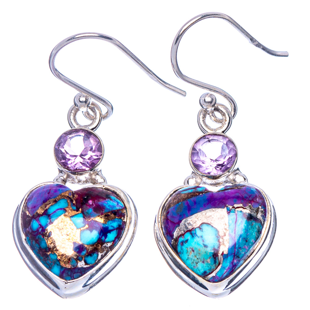 Purple Copper Composite Turquoise, Amethyst Heart Earrings 1 3/8" (925 Sterling Silver) E1817