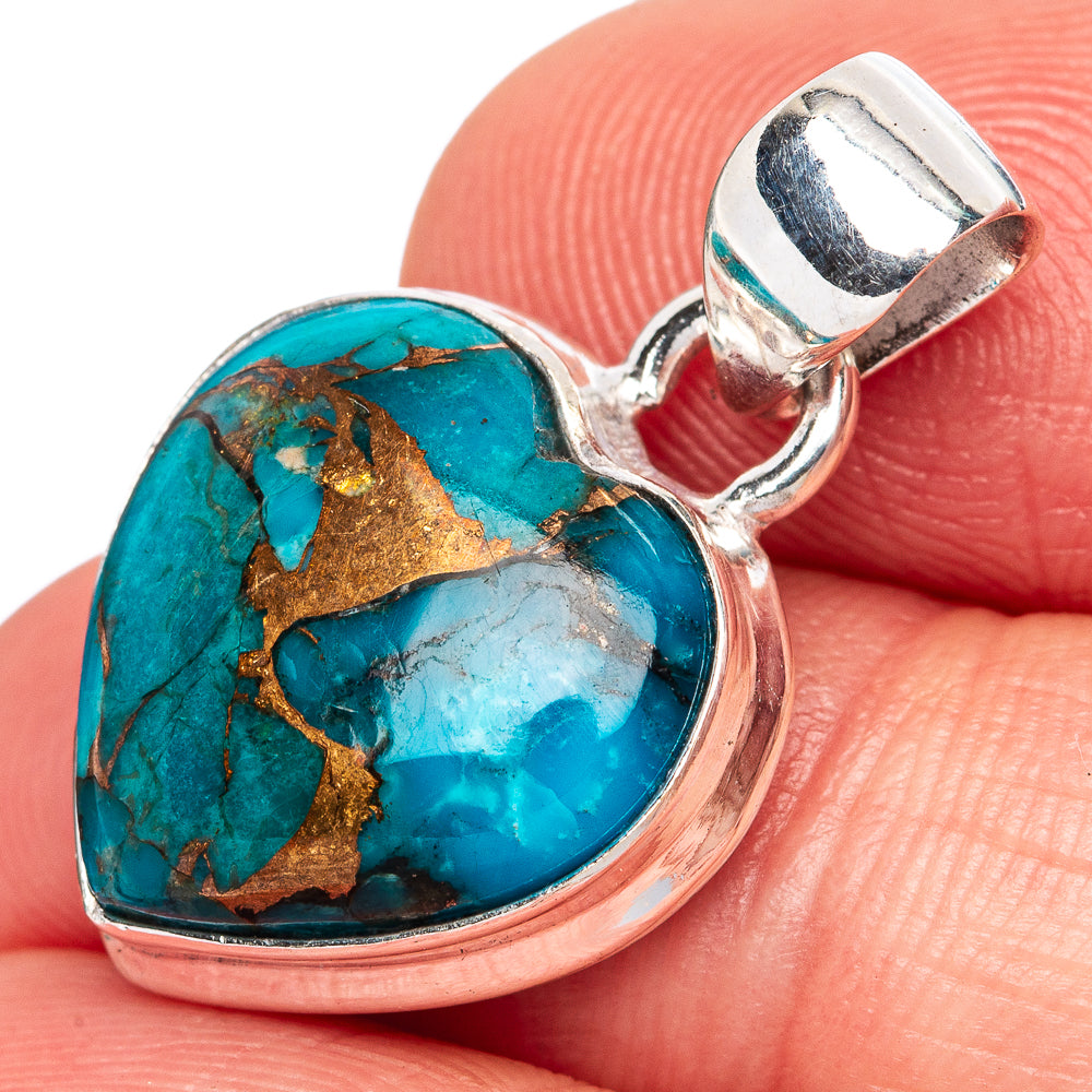 Blue Copper Composite Turquoise Heart Pendants 1 1/8" (925 Sterling Silver) P42378