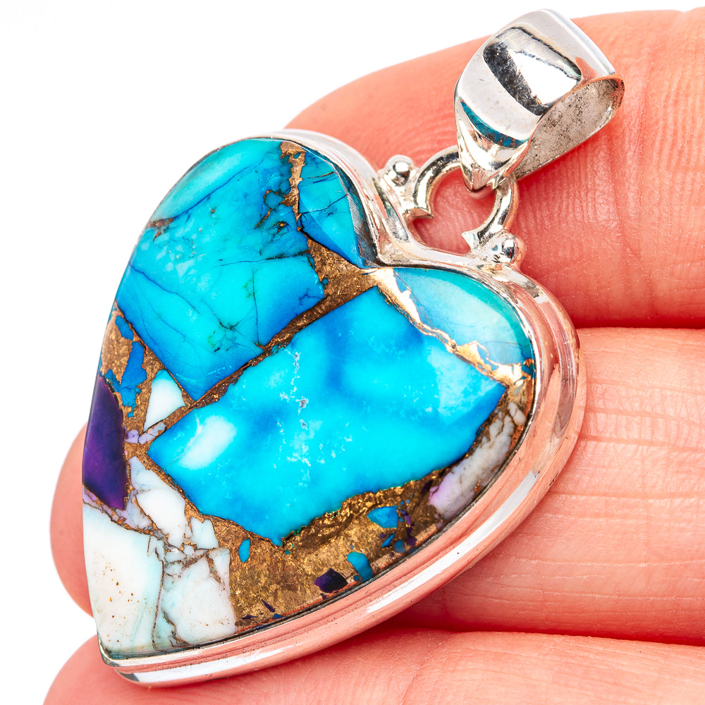 Ice Blue Dahlia Mohave Turquoise Heart Pendant 1 1/2" (.925 Sterling Silver)