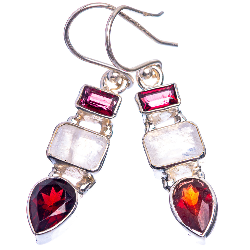Rainbow Moonstone, Garnet Earrings 1 1/2" (925 Sterling Silver) E432435
