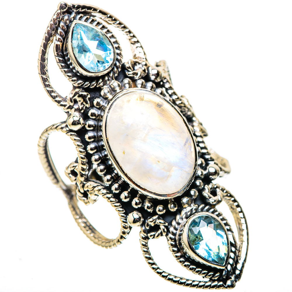 Signature Huge Rainbow Moonstone, Blue Topaz Ring Size 8 (925 Sterling Silver) RING138154