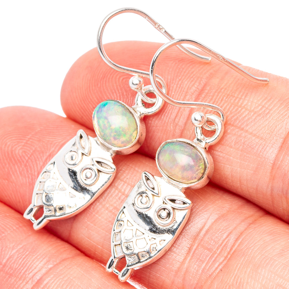Rare Ethiopian Opal Owl Earrings 1 3/8" (925 Sterling Silver) E1548