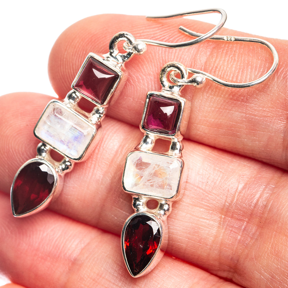 Rainbow Moonstone, Garnet Earrings 1 5/8" (925 Sterling Silver) E432772