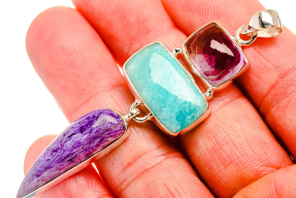 Larimar, Charoite, Amethyst 925 Sterling Silver Pendant 2 3/4" (925 Sterling Silver) PD38384