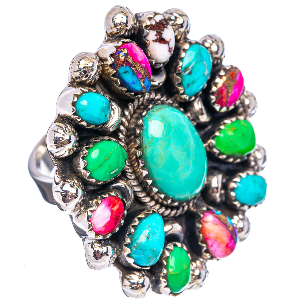 Exclusive Native Style Kingman Turquoise, Mixed Turquoise Ring Size 8 Adjustable (.925 Sterling Silver)