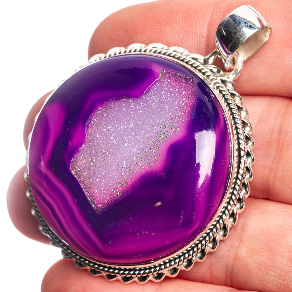 Large Purple Druzy 925 Sterling Silver Pendant 2"