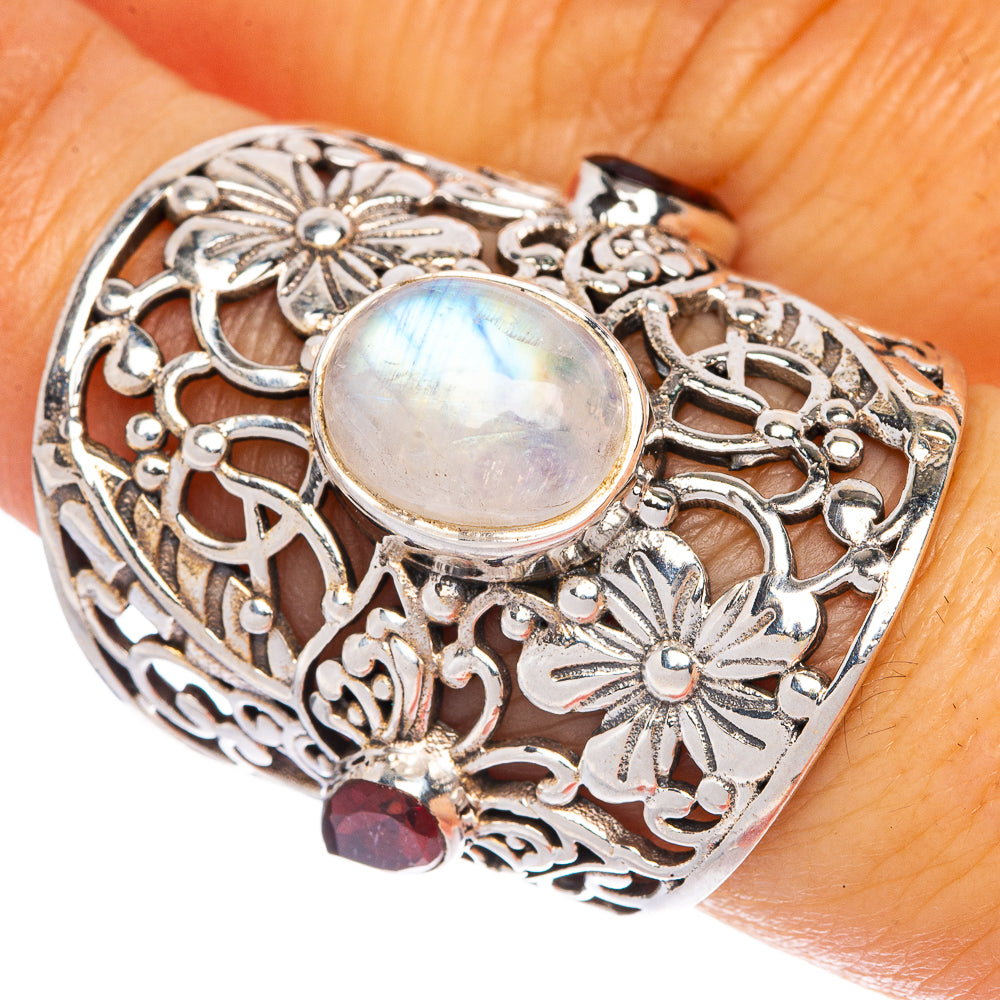 Large Rainbow Moonstone, Garnet Ring Size 6.75 (925 Sterling Silver) R1336