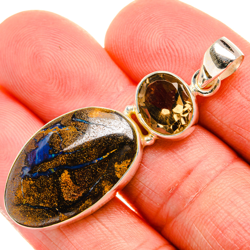 Boulder Opal, Smoky Quartz 925 Sterling Silver Pendant 2" (925 Sterling Silver) PD38401