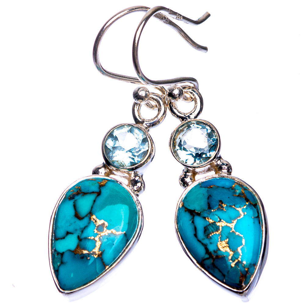 Blue Copper Composite Turquoise, Blue Topaz Earrings 1 1/2" (925 Sterling Silver) E432669