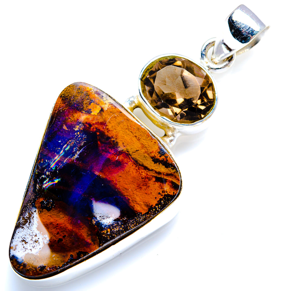 Boulder Opal, Smoky Quartz 925 Sterling Silver Pendant 2" (925 Sterling Silver) PD38295
