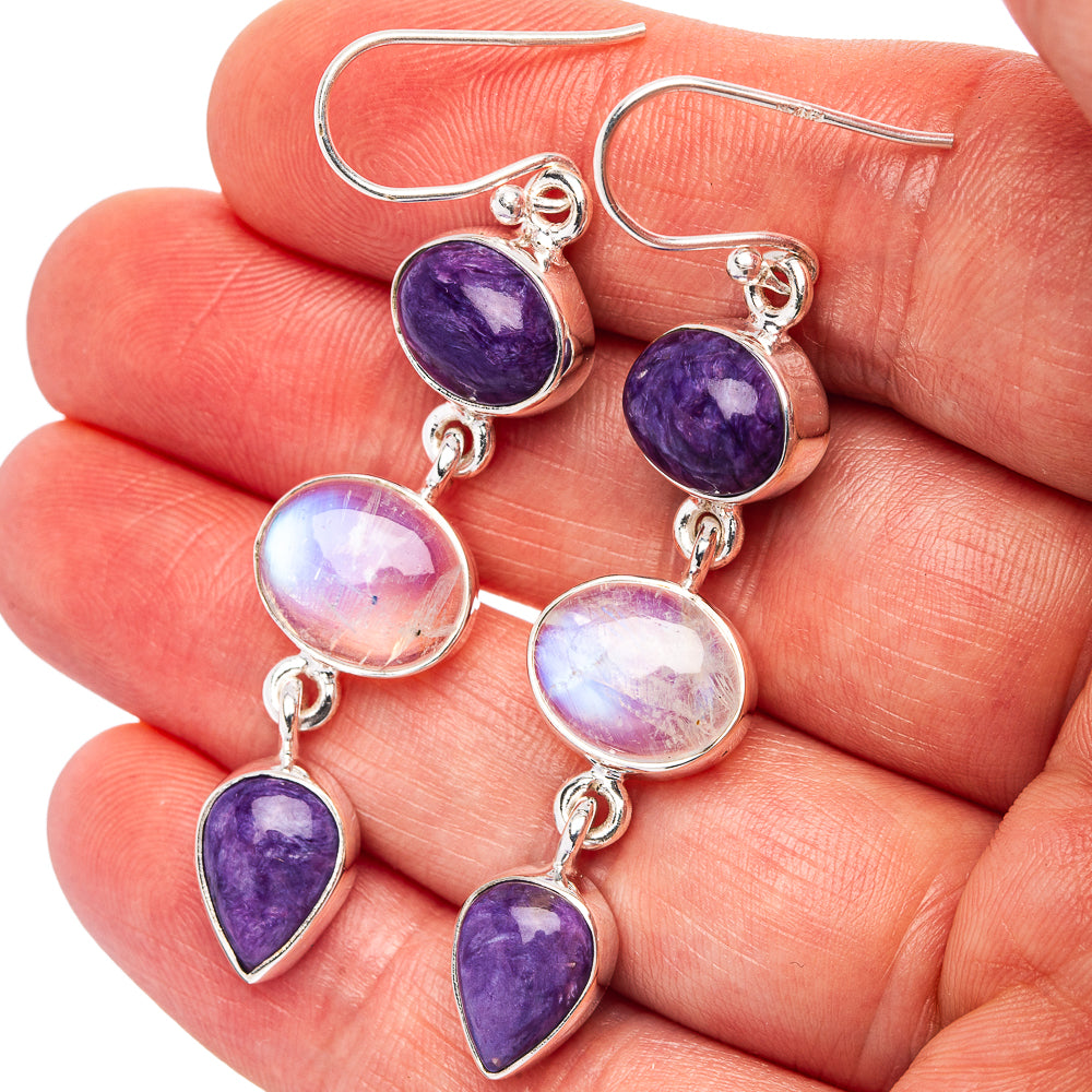 Premium Rainbow Moonstone, Charoite Earrings 2 1/4" (.925 Sterling Silver)