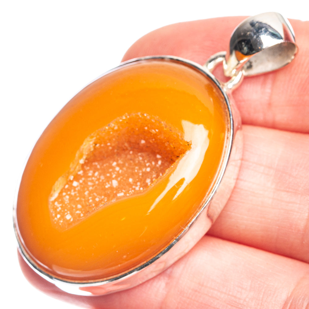Orange Druzy 925 Sterling Silver Pendant 1 3/4"