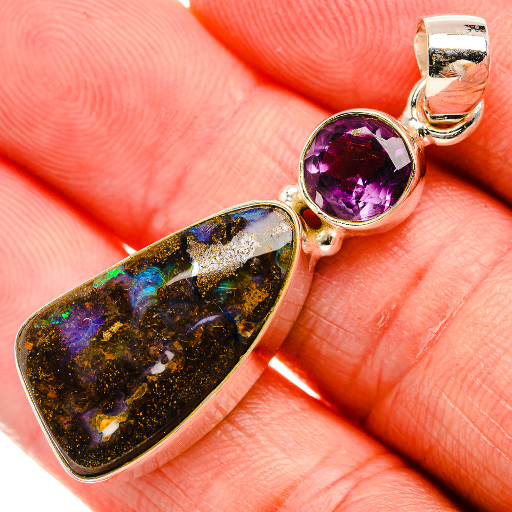 Boulder Opal, Amethyst 925 Sterling Silver Pendant 1 3/4" (925 Sterling Silver) PD38363