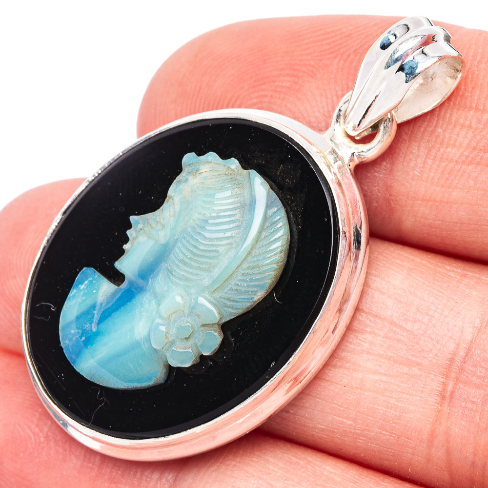 Rare Carved Opal Lady Cameo On Black Onyx Pendant 1 1/2" (925 Sterling Silver) P44443