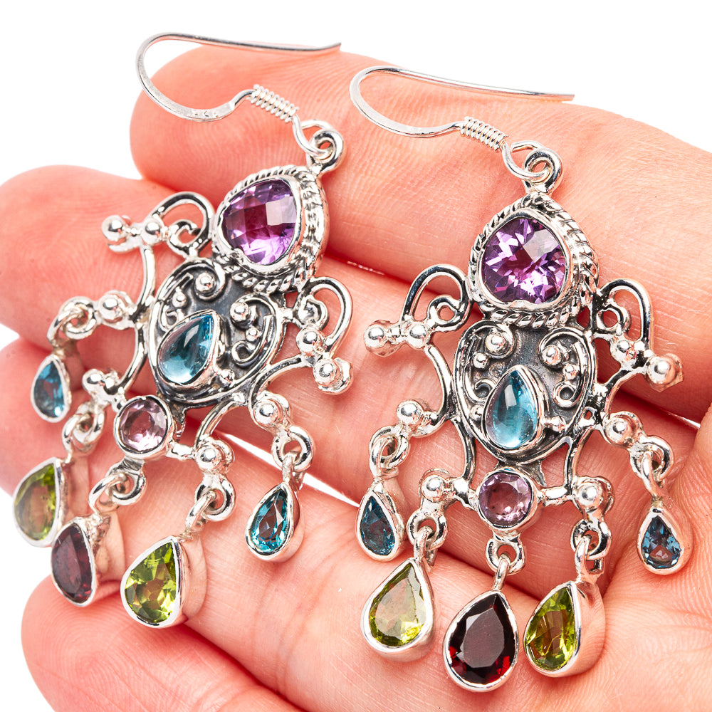 Large Amethyst, Blue Topaz, Peridot 925 Siganture Sterling Silver Earrings 2.25" (925 Sterling Silver) E2217