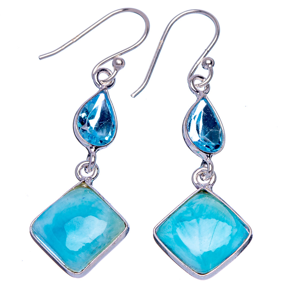 Rare Larimiar, Blue Topaz Earrings 1 3/4" (.925 Sterling Silver)
