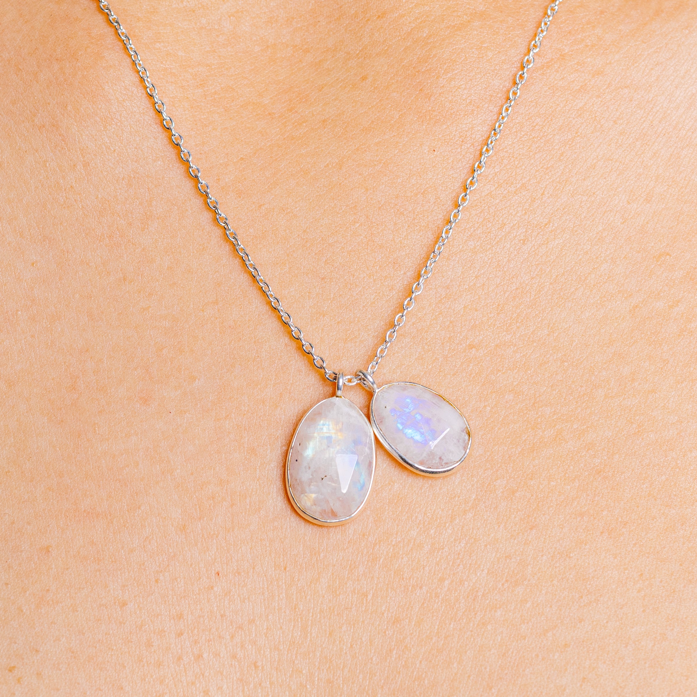 Rainbow Moonstone Necklace 16 to 18" (.925 Sterling Silver)