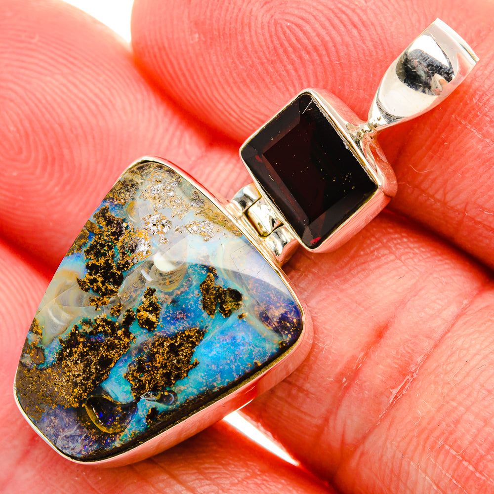 Boulder Opal, Garnet Pendant 1 5/8" (925 Sterling Silver) PD38050
