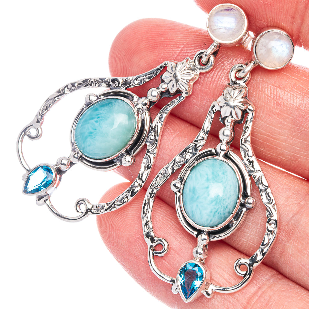 Signature Larimar, Rainbow Moonstone, Blue Topaz Earrings 1 7/8" (925 Sterling Silver) E1075