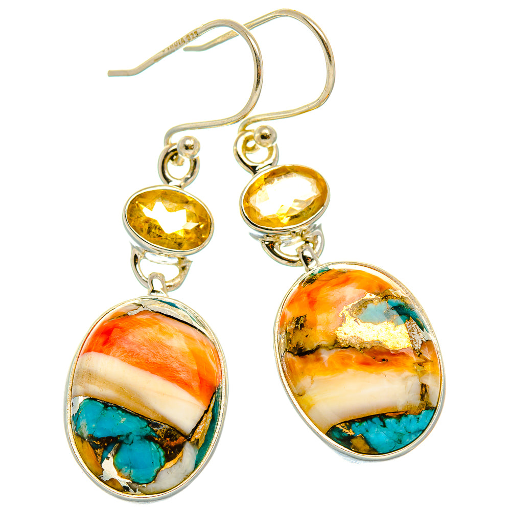 Spiny Oyster Turquoise, Citrine Earrings 1 3/4" (925 Sterling Silver) EARR432037