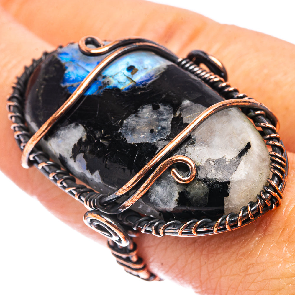 Rainbow Moonstone in Black Tourmaline Wire Wrap Ring Size 8 (Oxidized Copper)