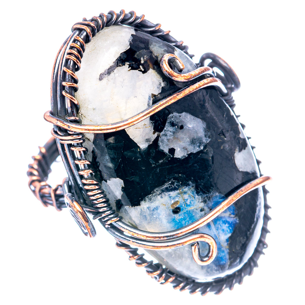 Rainbow Moonstone in Black Tourmaline Wire Wrap Ring Size 8 (Oxidized Copper)