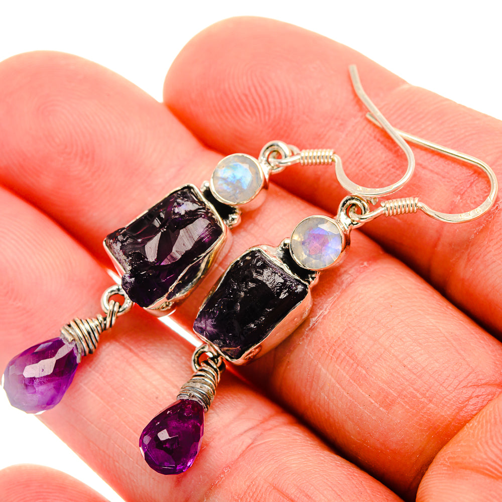 Rough Amethyst, Rainbow Moonstone Earrings 2" (925 Sterling Silver) EARR432122