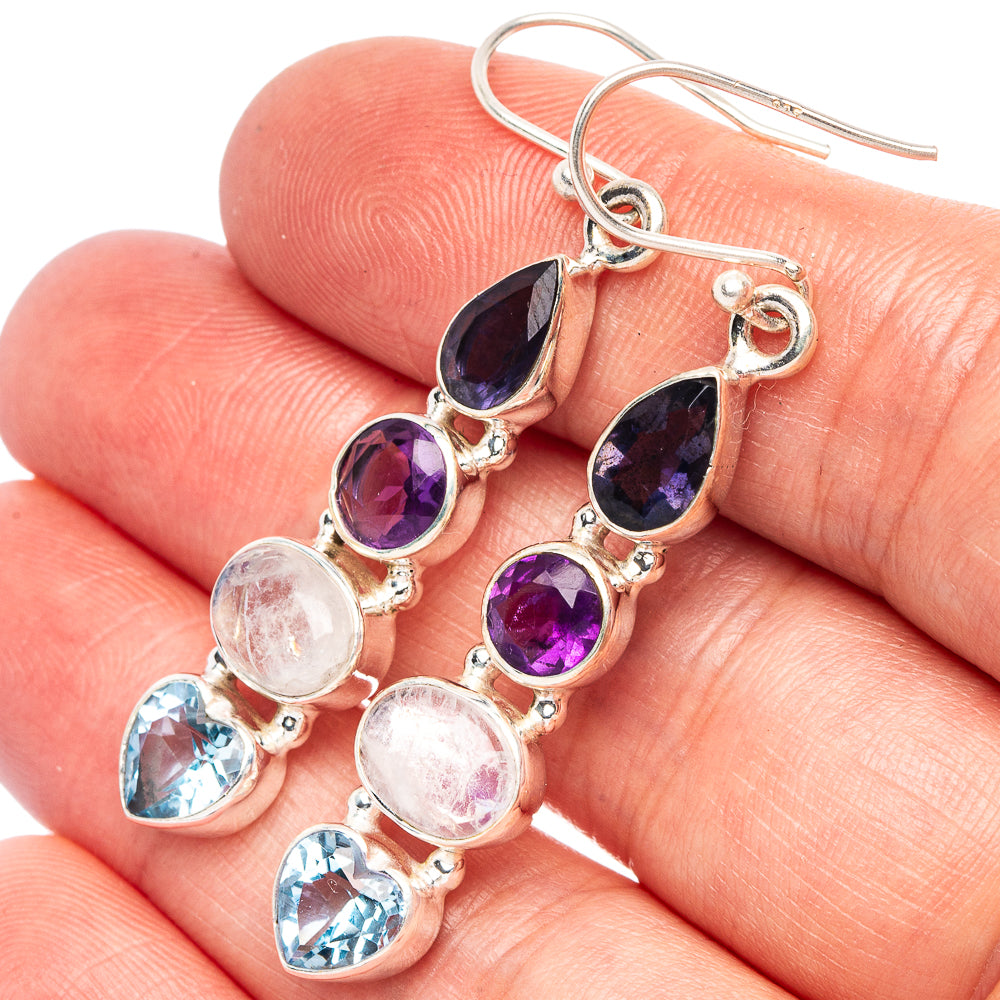 Rainbow Moonstone, Amethyst, Blue Topaz 925 Sterling Silver Earrings 2" (925 Sterling Silver) E2117