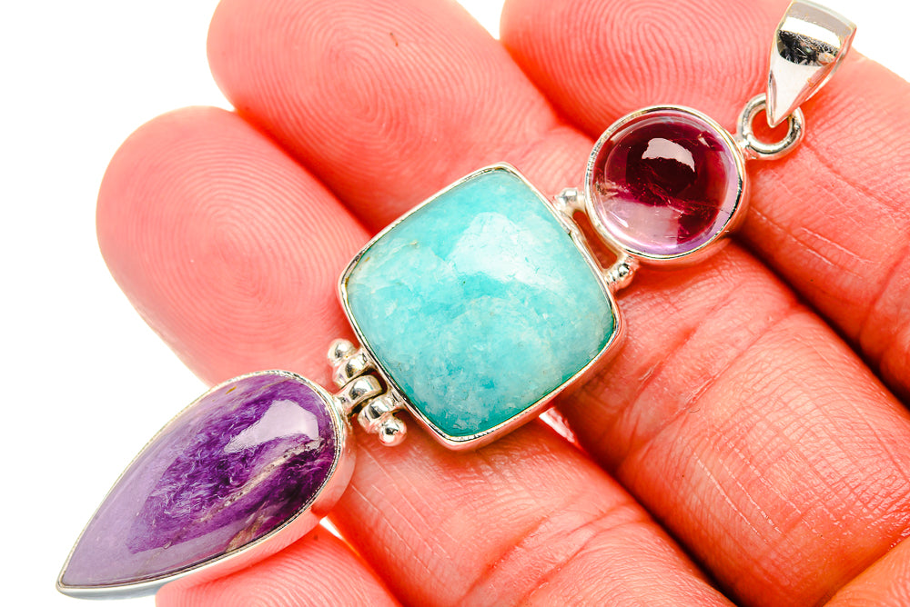 Larimar, Charoite, Amethyst 925 Sterling Silver Pendant 2 3/4" (925 Sterling Silver) PD38288