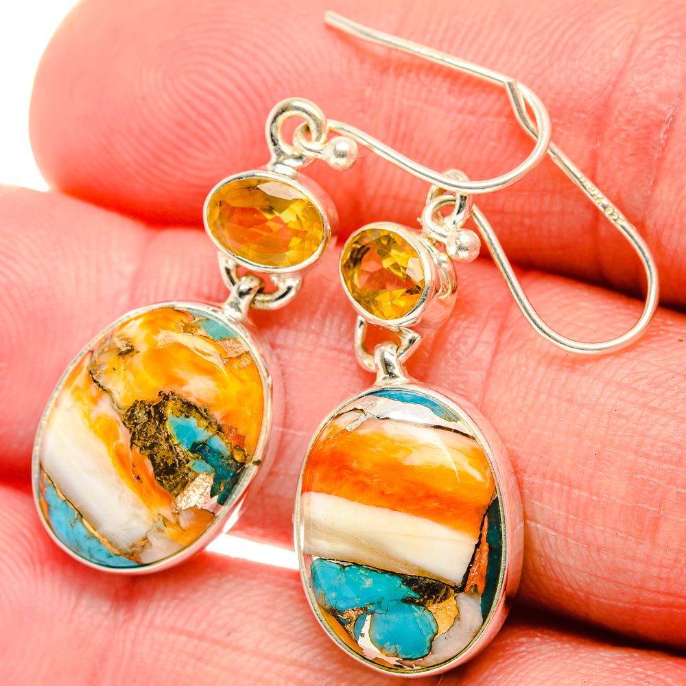 Spiny Oyster Turquoise, Citrine Earrings 1 3/4" (925 Sterling Silver) EARR432037