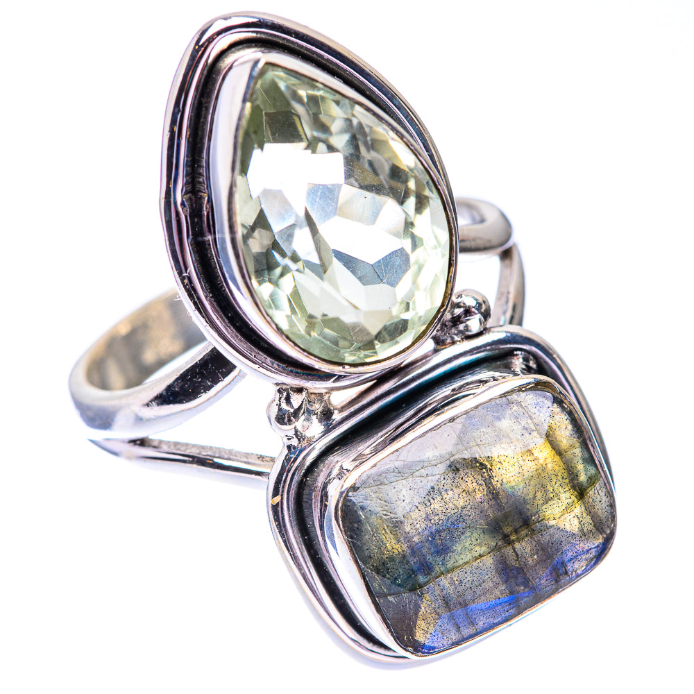 Large Labradorite, White Quartz Ring Size 9 (925 Sterling Silver) R140644