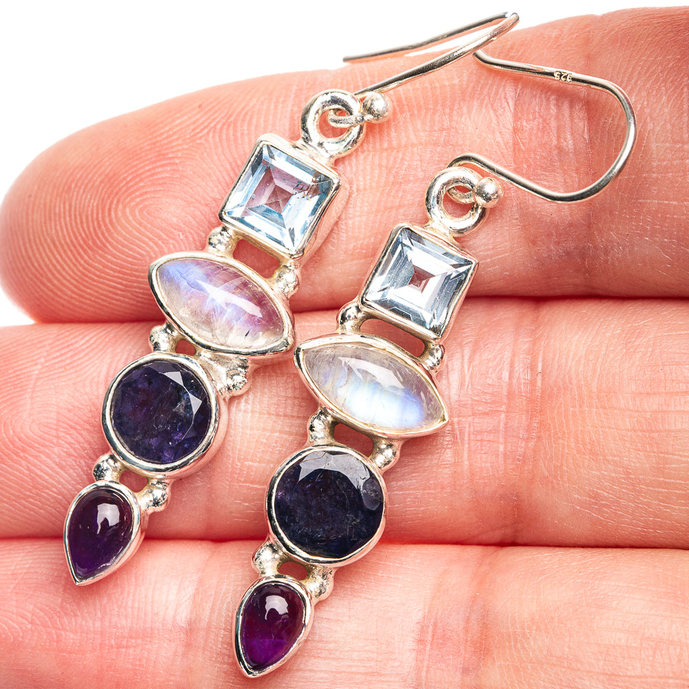 Rainbow Moonstone, Blue Topaz, Tanzanite, Amethyst Earrings 1 7/8" (925 Sterling Silver) E432607